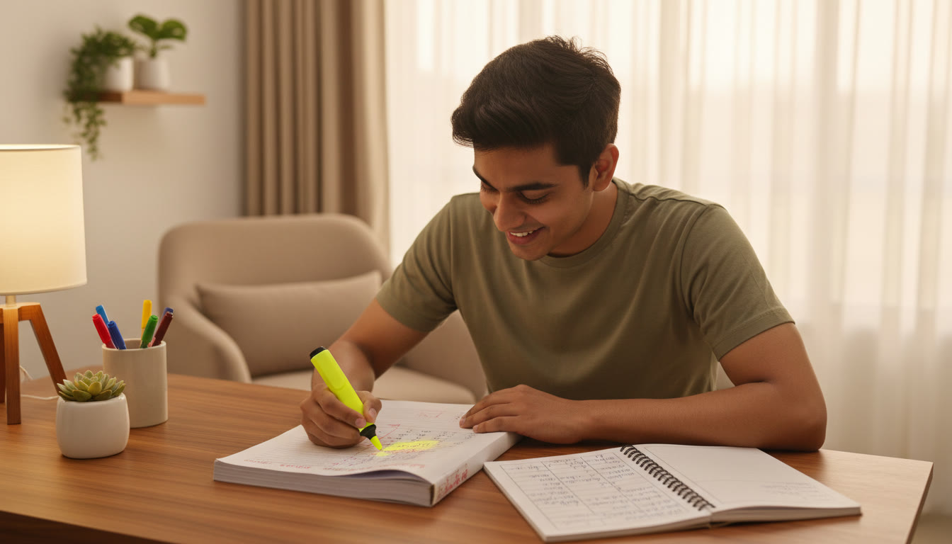 Photo Idea : A student analyzing a scored mock test with a highlighter and a handwritten error log