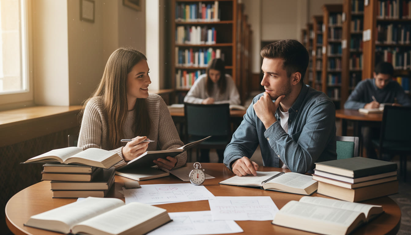 Photo Idea : Two students practicing a mock interview in a quiet library corner with notes and a stopwatch