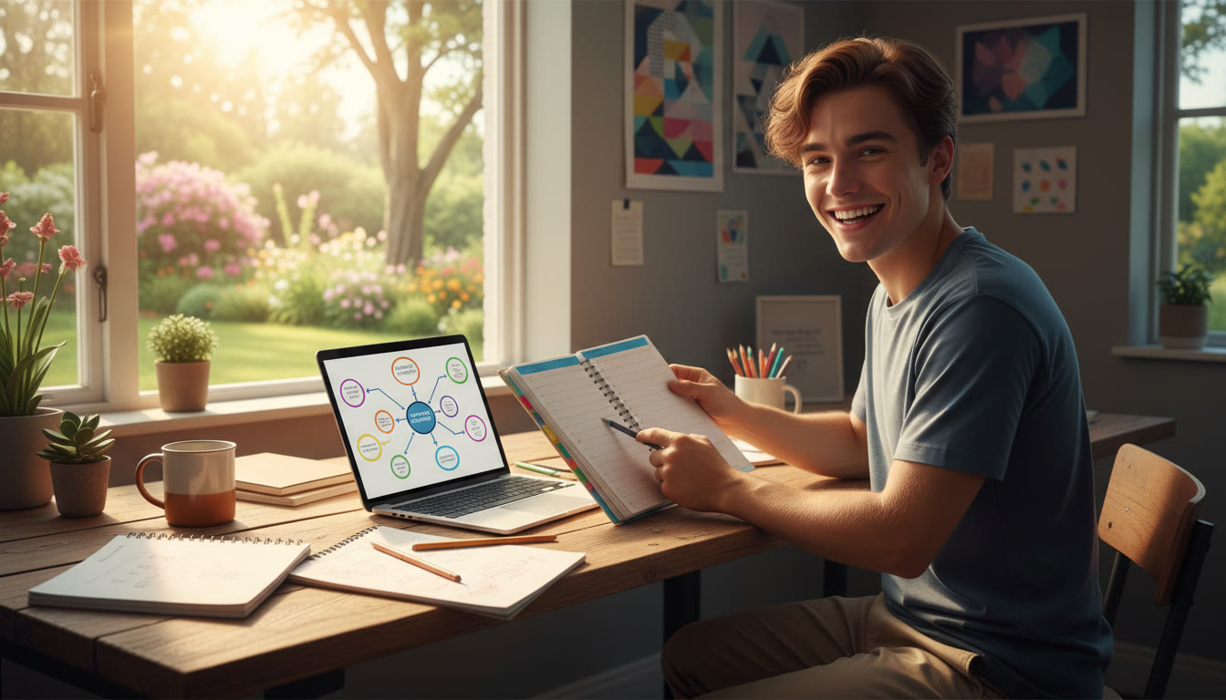 Photo Idea : student at a sunlit desk with a planner, notebooks, and a laptop, mapping out summer study goals