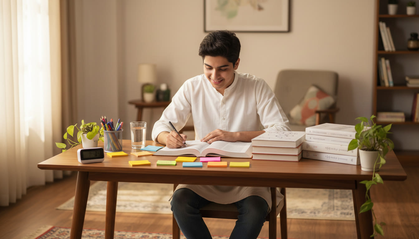 Photo Idea : A focused student at a desk with NEET/JEE books, sticky notes, and a digital timer