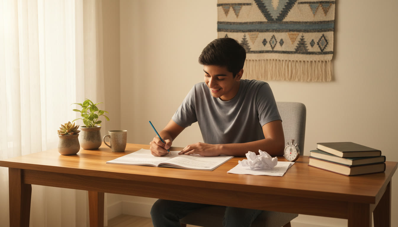 Photo Idea : Student at a desk solving problems with a mock test paper, pencil, rough sheet and a stopwatch nearby