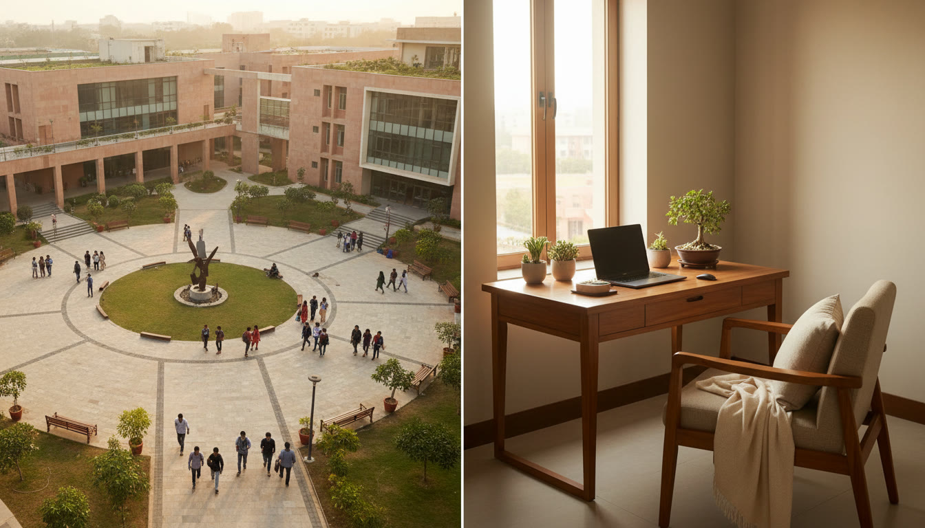 Photo Idea : Aerial shot of a modern engineering campus with students walking across a courtyard.