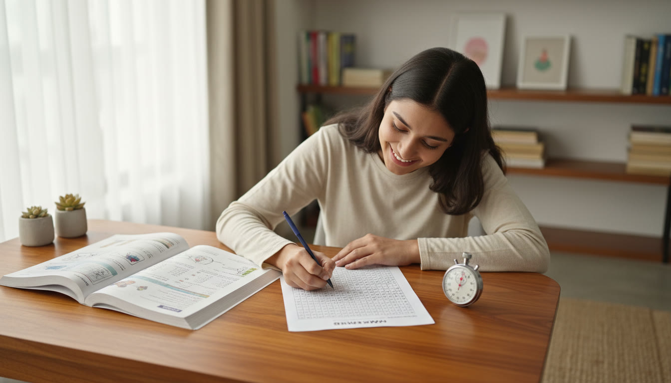 Photo Idea : A student marking bubbles on an OMR sheet while an open NCERT book and a stopwatch rest nearby