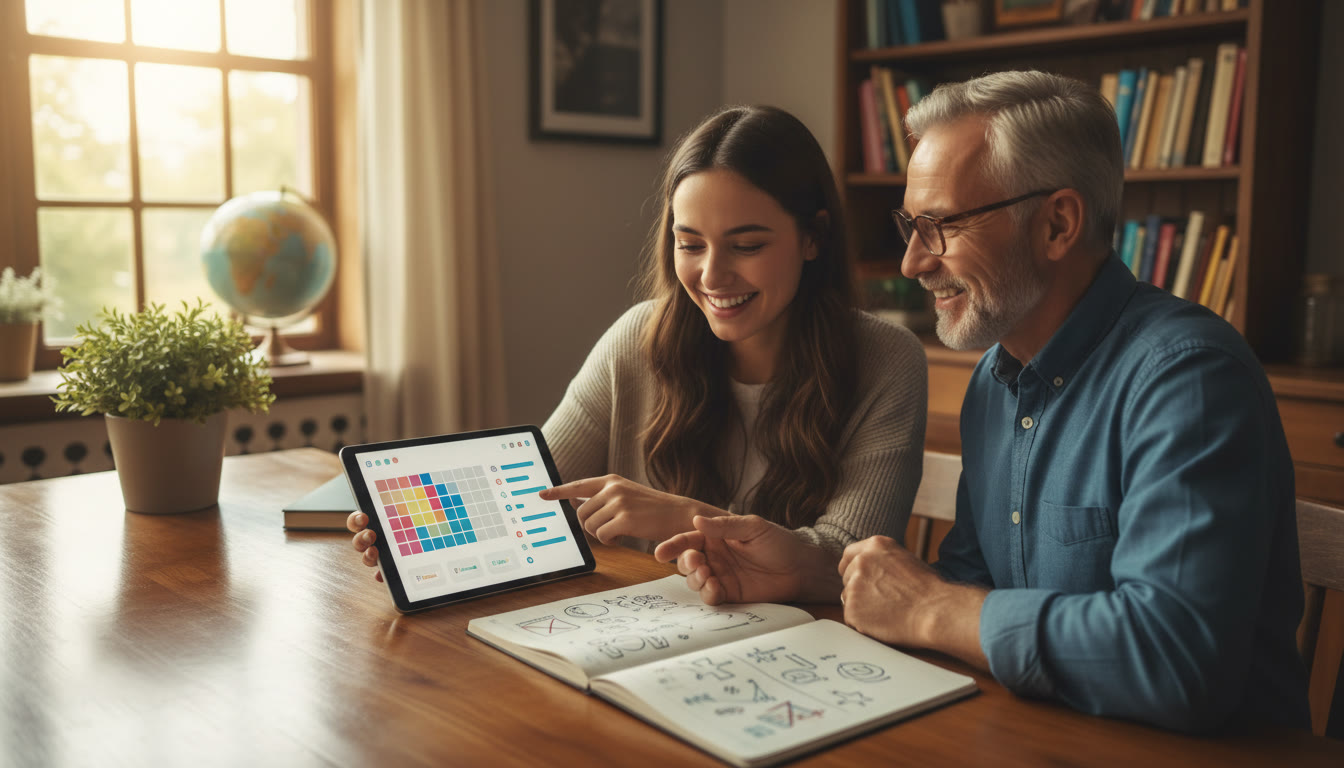 Photo Idea : A student and a tutor reviewing a spreadsheet of predicted grades and a checklist of application tasks on a tablet