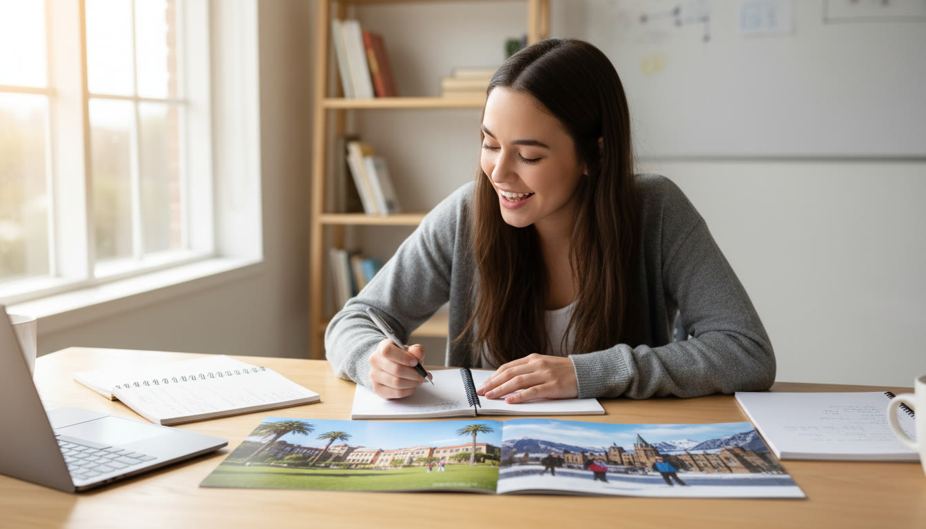 Photo Idea : Student at a desk with two open brochures—one showing an Australian campus and the other a Canadian campus—comparing notes