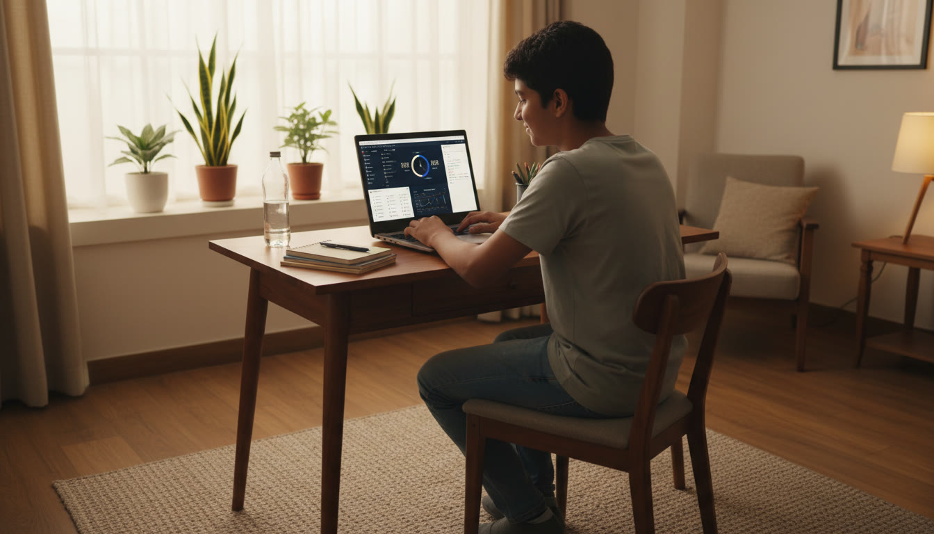 Photo Idea : Student at a desk taking a full-length mock test on a laptop, timer visible