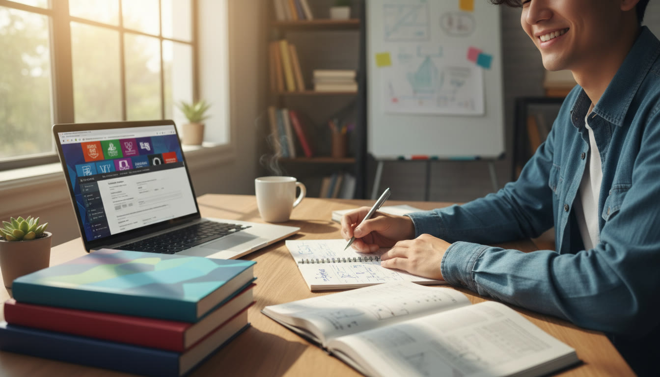 Photo Idea : Close-up of a student writing notes with IB textbooks and a laptop open to UCAS