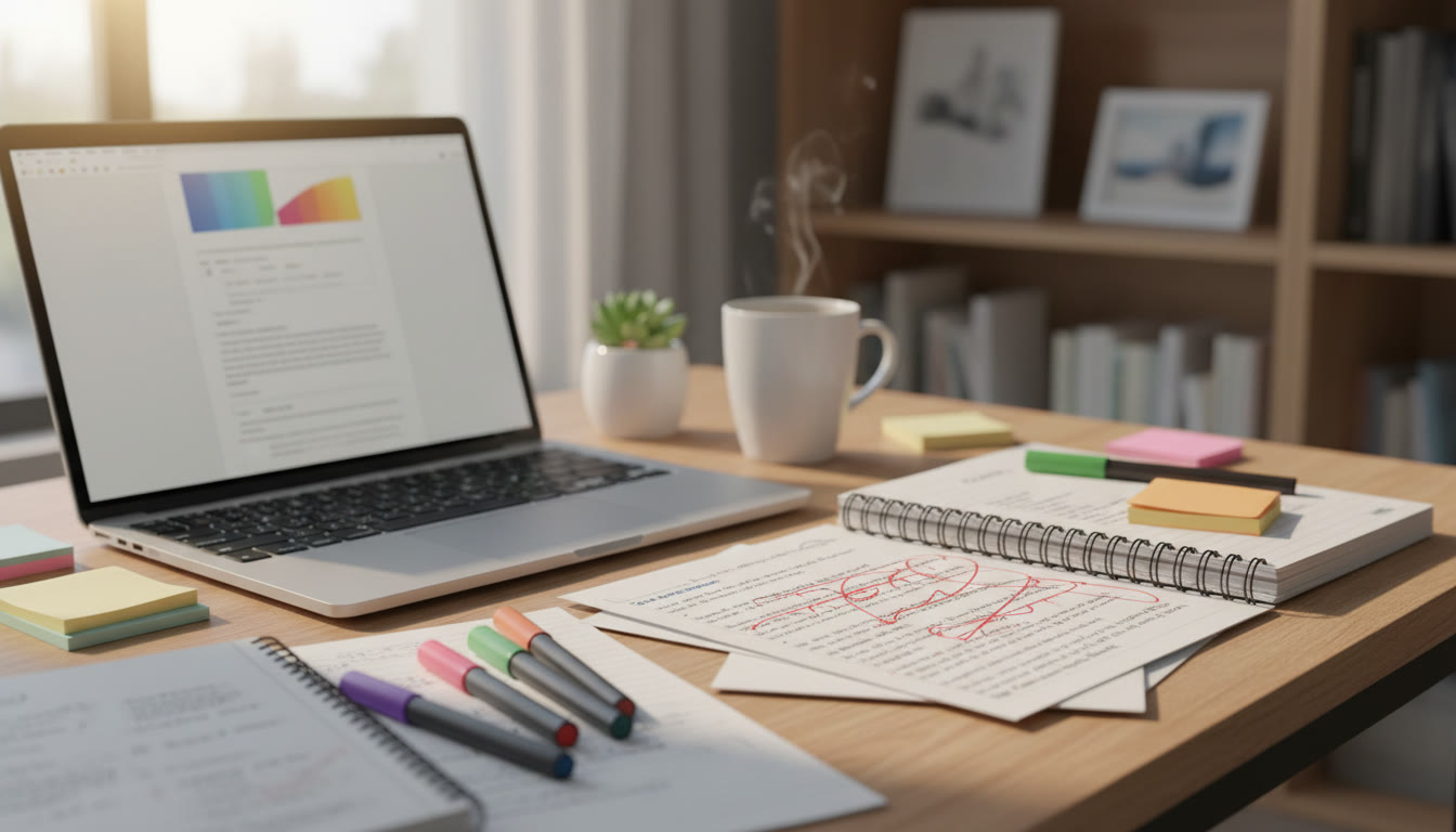 Photo Idea : Student workspace with laptop, handwritten notes, and a marked-up draft