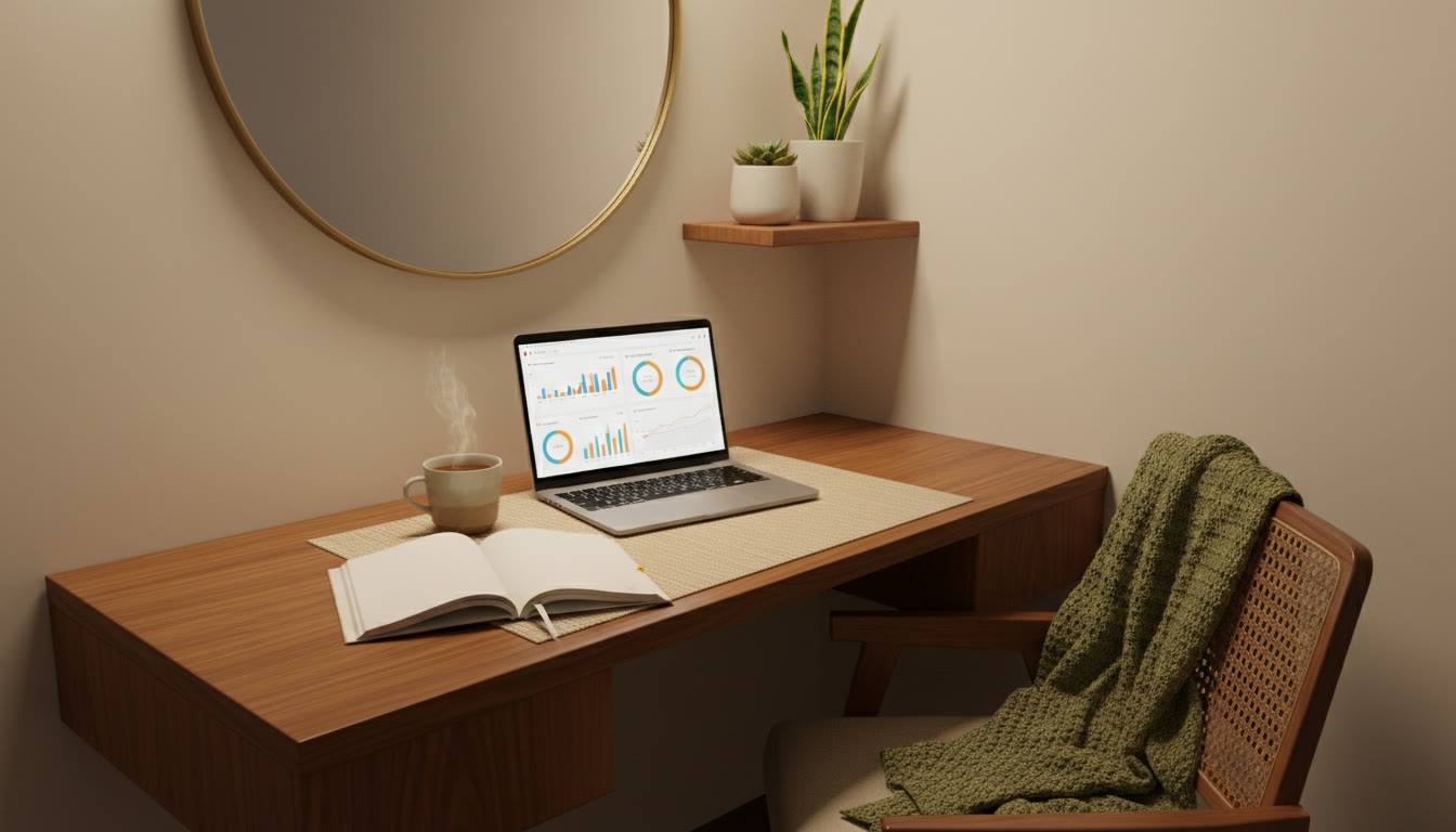Photo Idea : A calm study nook with an open notebook titled "Error Log" and a laptop showing a mock test dashboard.
