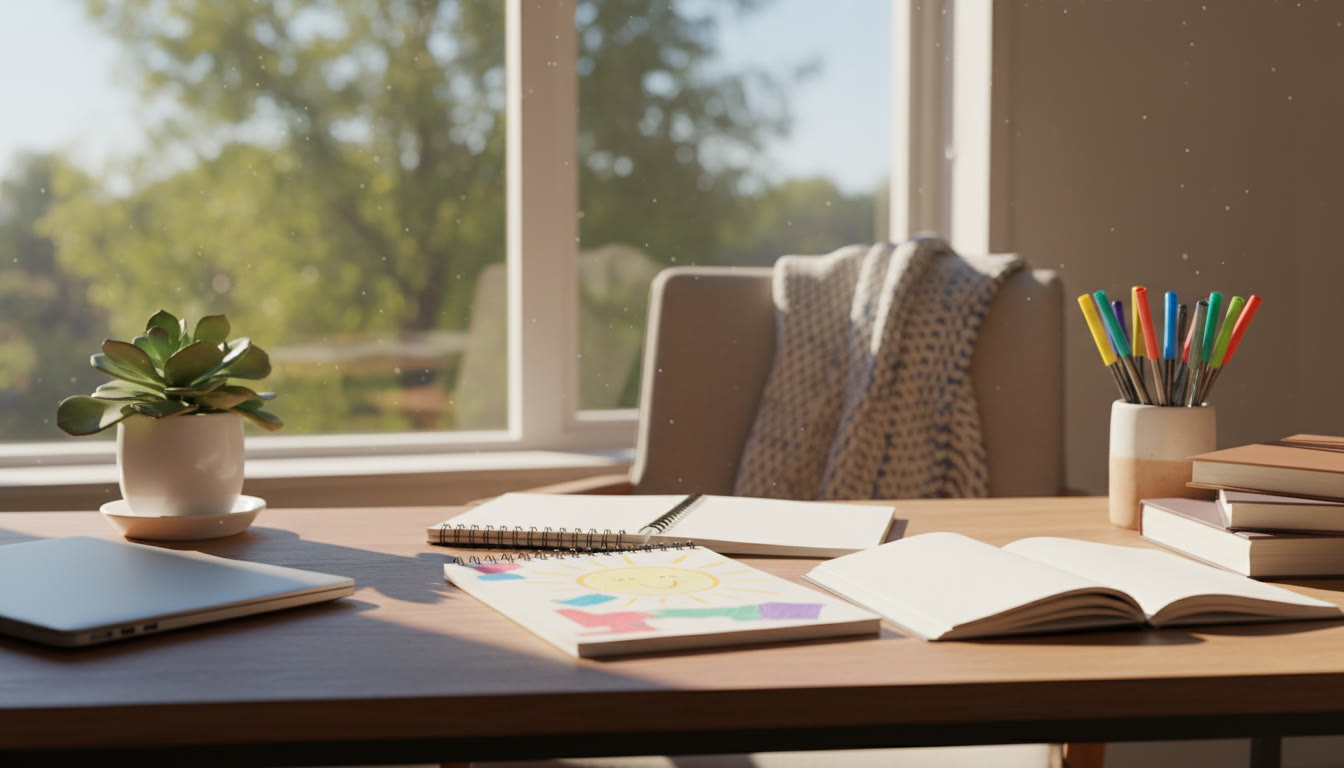 Photo Idea : tidy study desk with a notebook, colored pens, an open IB notebook, and a small plant by a sunlit window