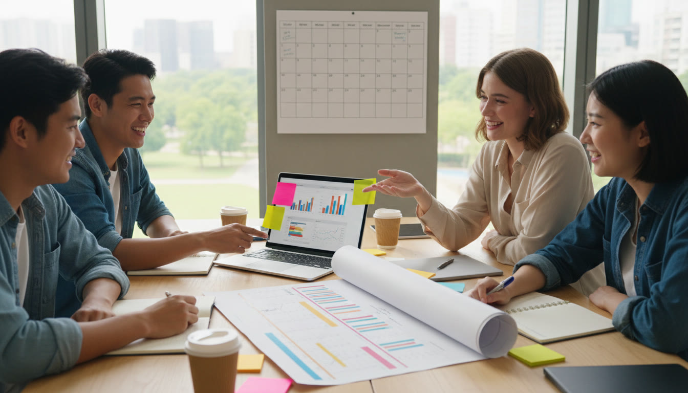 Photo Idea : A small team in mid-discussion around a laptop and printed timeline, with a calendar and sticky notes visible