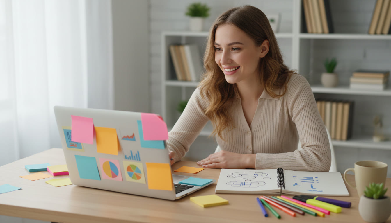 Photo Idea : A student at a desk with a laptop, colourful sticky notes and an open notebook titled 