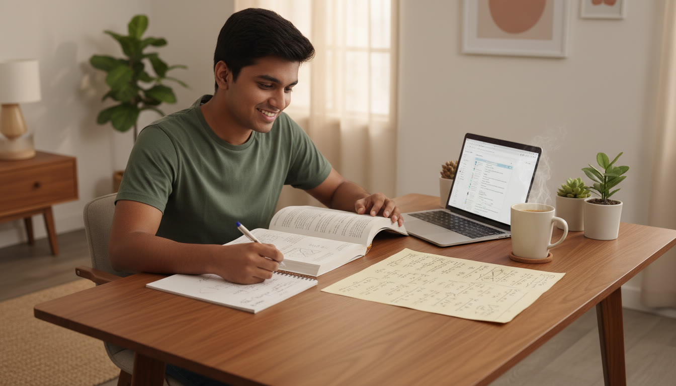Photo Idea : A focused student at a desk solving physics problems with open JEE books and a laptop, a cup of coffee and a tidy formula sheet beside them