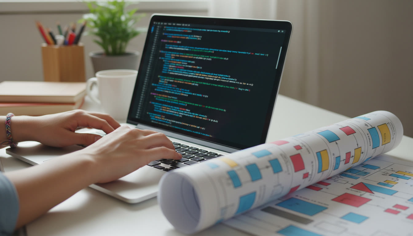 Photo Idea : Close-up of hands typing code on a laptop with a printed project plan beside it
