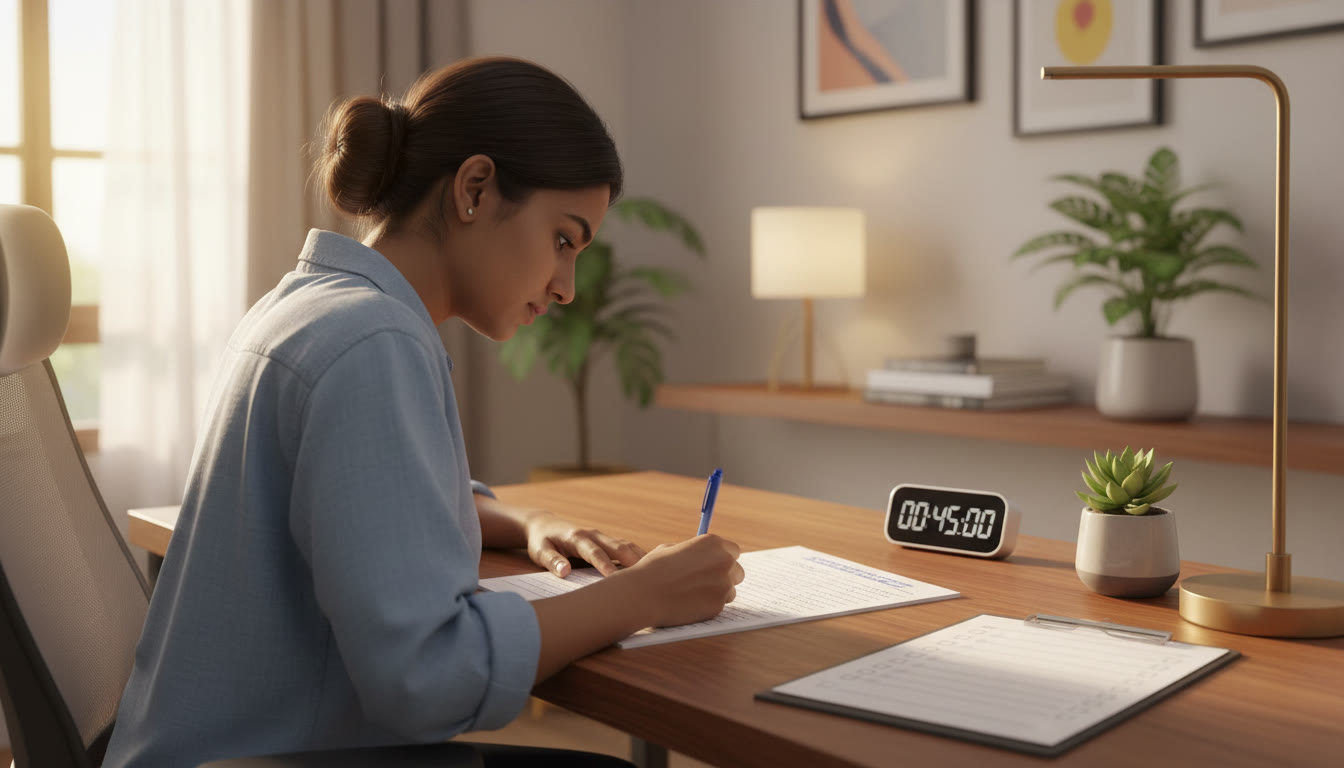 Photo Idea : A focused student writing neatly on a CBSE answer sheet, with a timer and checklist on the desk