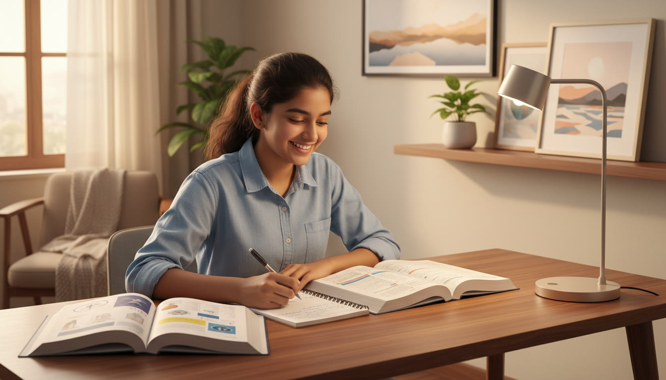 Photo Idea : A focused student at a study table with an open syllabus, a textbook, and neat handwritten notes