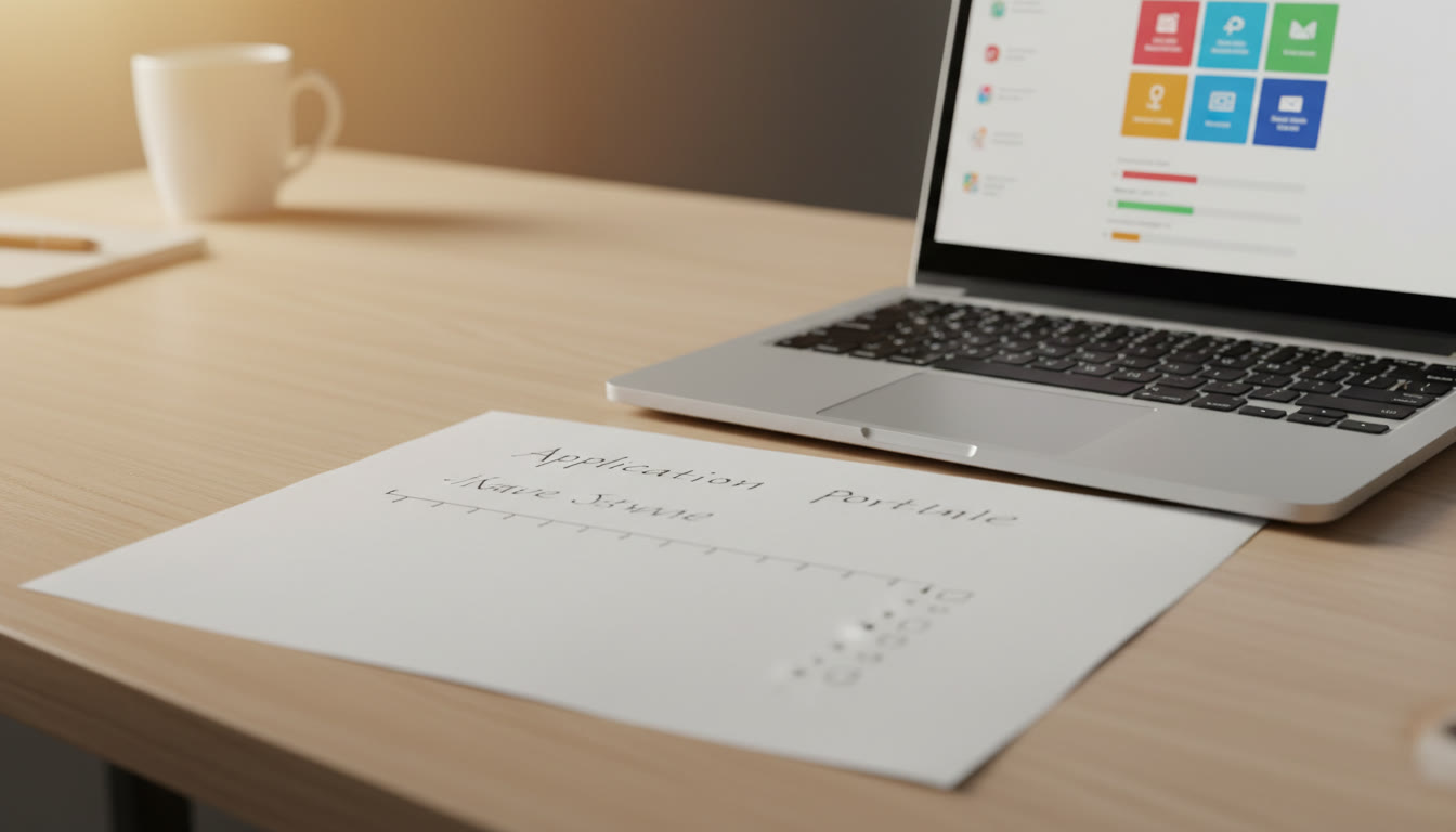 Photo Idea : Close-up of a handwritten timeline and checklist laid out next to a laptop displaying an application portal