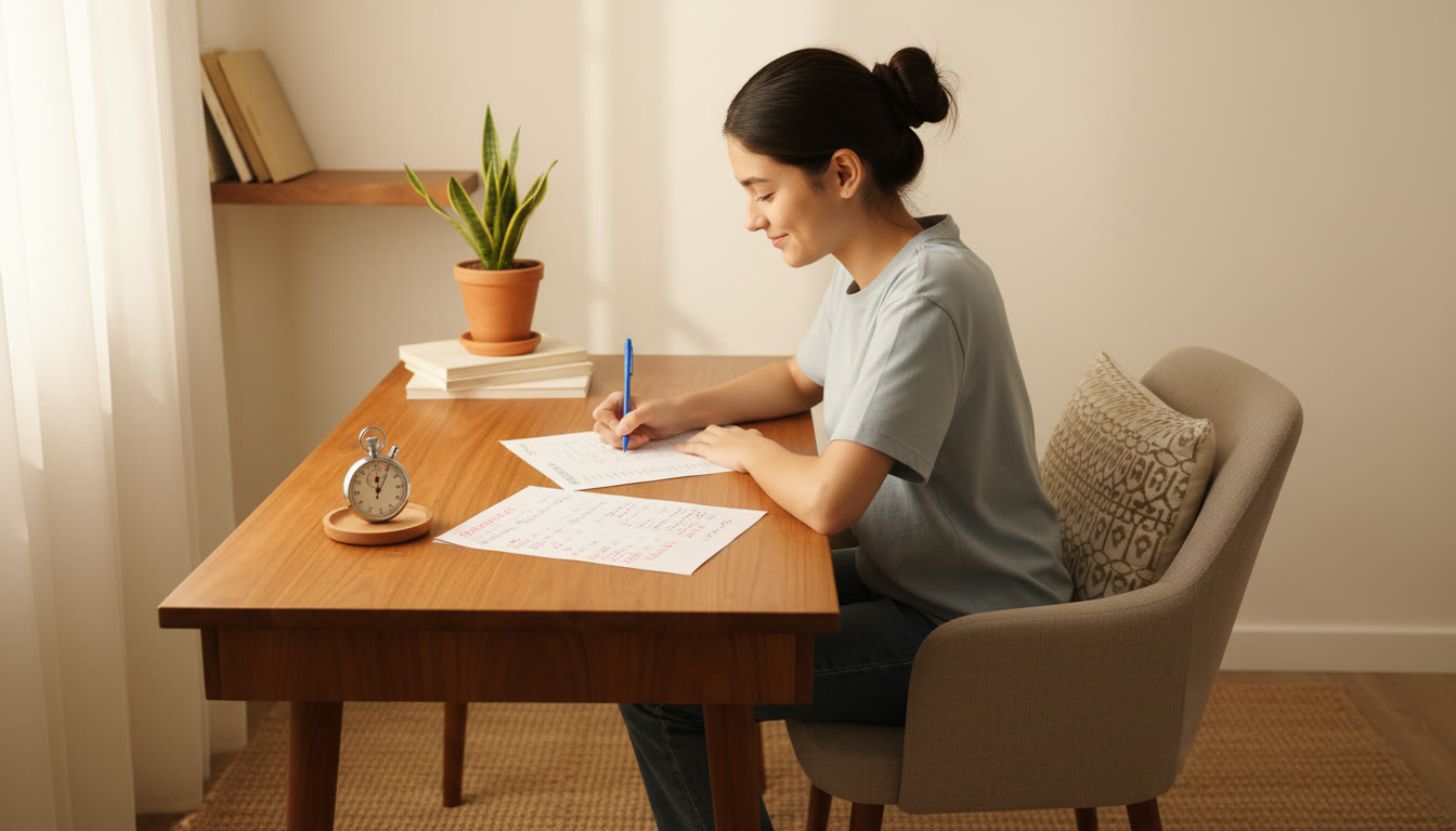 Photo Idea : A student sitting at a desk completing a timed mock paper with a stopwatch and annotated answer paper nearby.