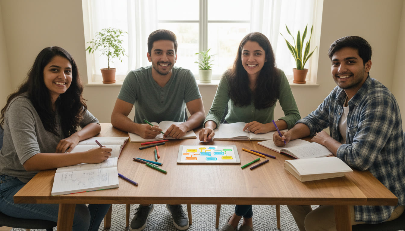 Photo Idea : A diverse group of students around a table with notebooks, colored pens and a tablet showing a colorful concept map