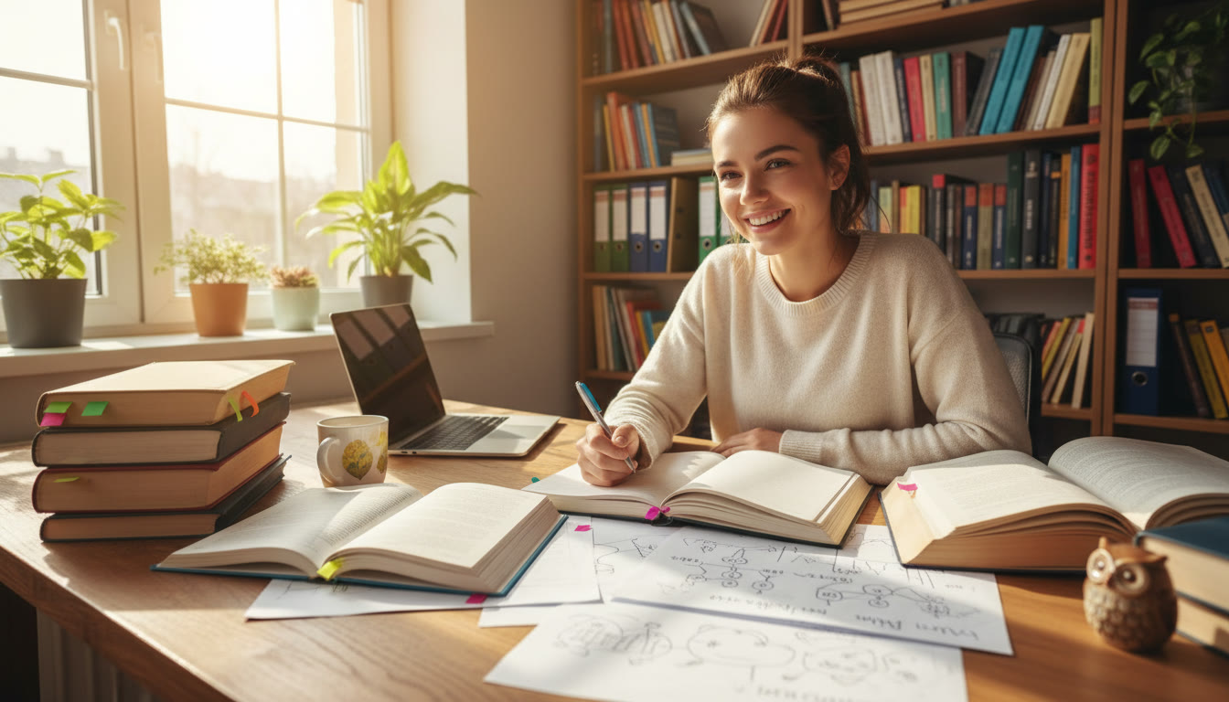 Photo Idea : Student writing an Extended Essay at a sunlit desk surrounded by books and notes