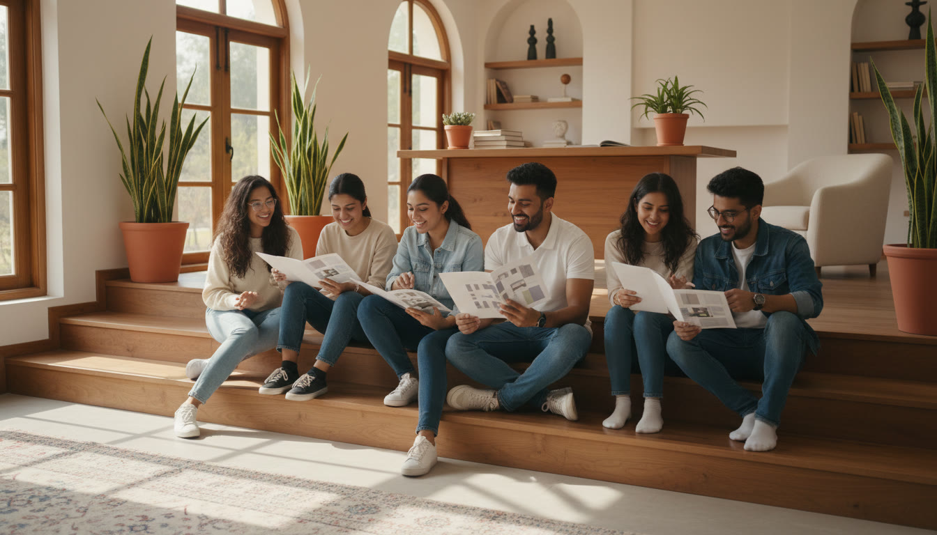 Photo Idea : A diverse group of students sitting on campus steps comparing notes and university brochures labeled IIT, NIT, IIIT