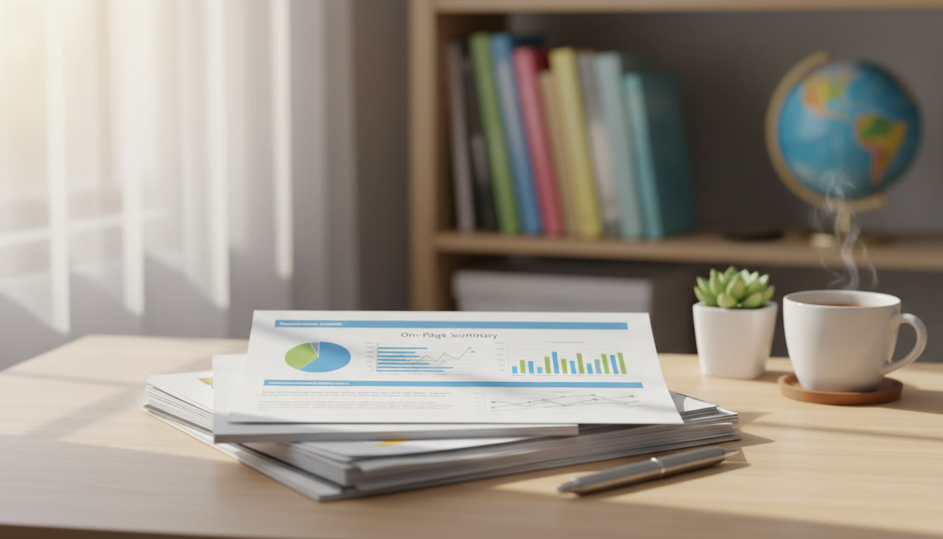Photo Idea : A tidy recommendation packet spread on a desk with a clean one-page summary on top