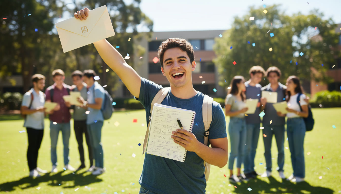 Photo Idea : A student celebrating with an IB results envelope while holding a notebook full of course notes
