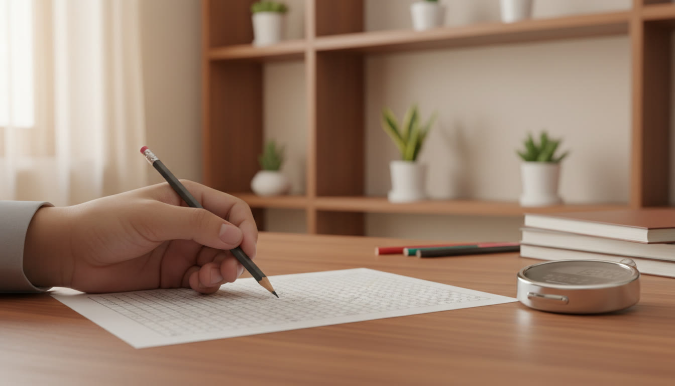 Photo Idea : Close-up of a pencil marking an OMR sheet with a stopwatch nearby