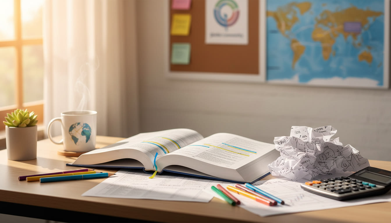 Photo Idea : A tidy desk with open economics textbook, calculator, and a marked up past paper