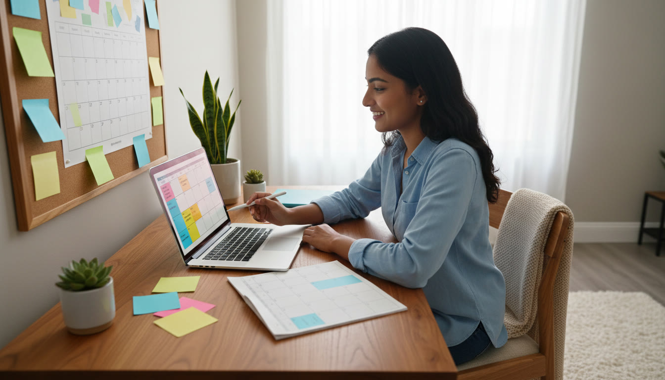 Photo Idea : Student at a desk with a calendar, colorful notes, and a laptop planning a weekly timetable