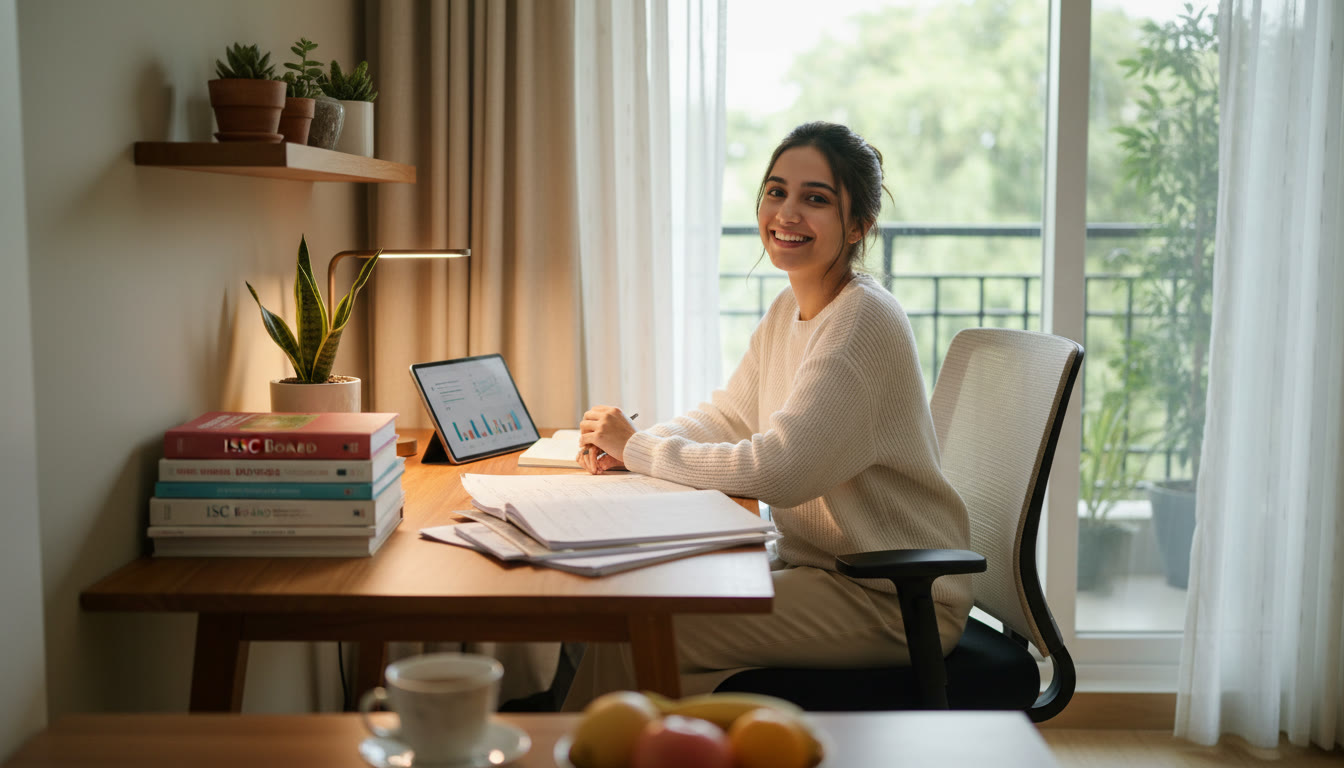 Photo Idea : [Student at a tidy desk with ISC textbooks on one side and NEET practice papers on the other]