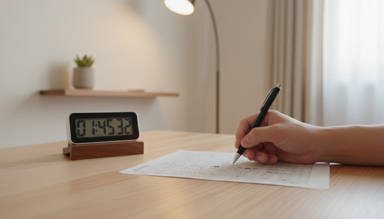 Photo Idea : close-up of a hand filling an OMR sheet while a digital timer counts down nearby