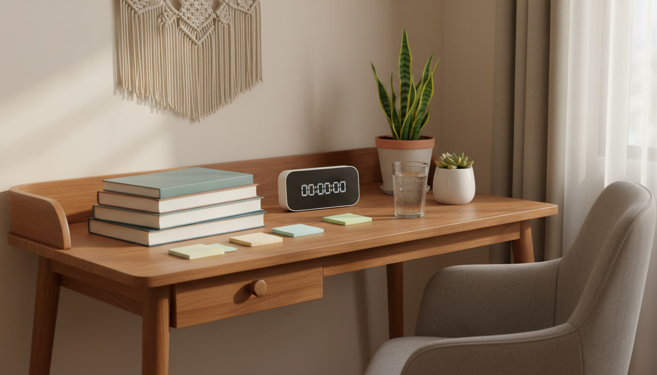Photo Idea : A calm study desk with NEET textbooks, sticky notes, a timer and a glass of water