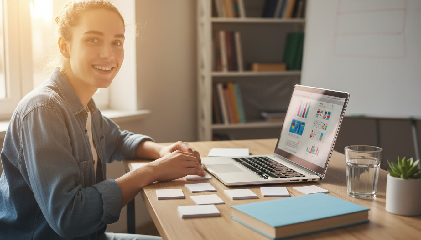 Photo Idea : Student at a desk with neat flashcards and a laptop, sunlight on the table
