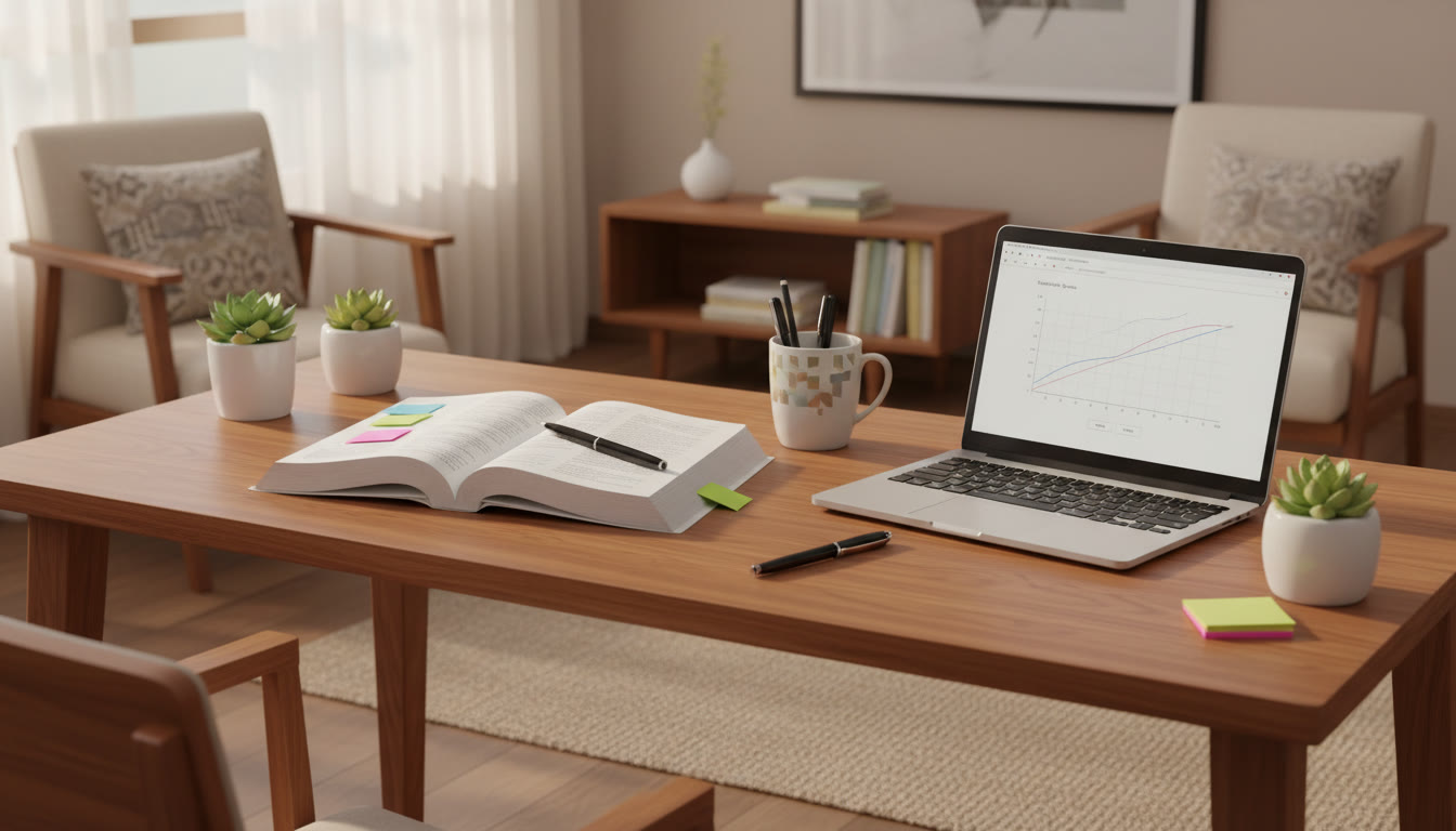 Photo Idea : A tidy study desk with an open NCERT book, colored sticky notes, a pen, and a laptop showing a practice test screen.