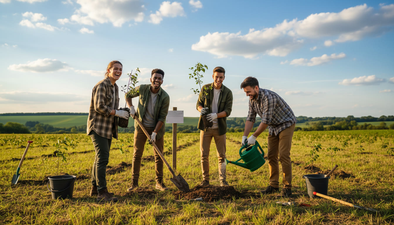 Photo Idea : A small group of IB students planting trees as part of a sustainability project