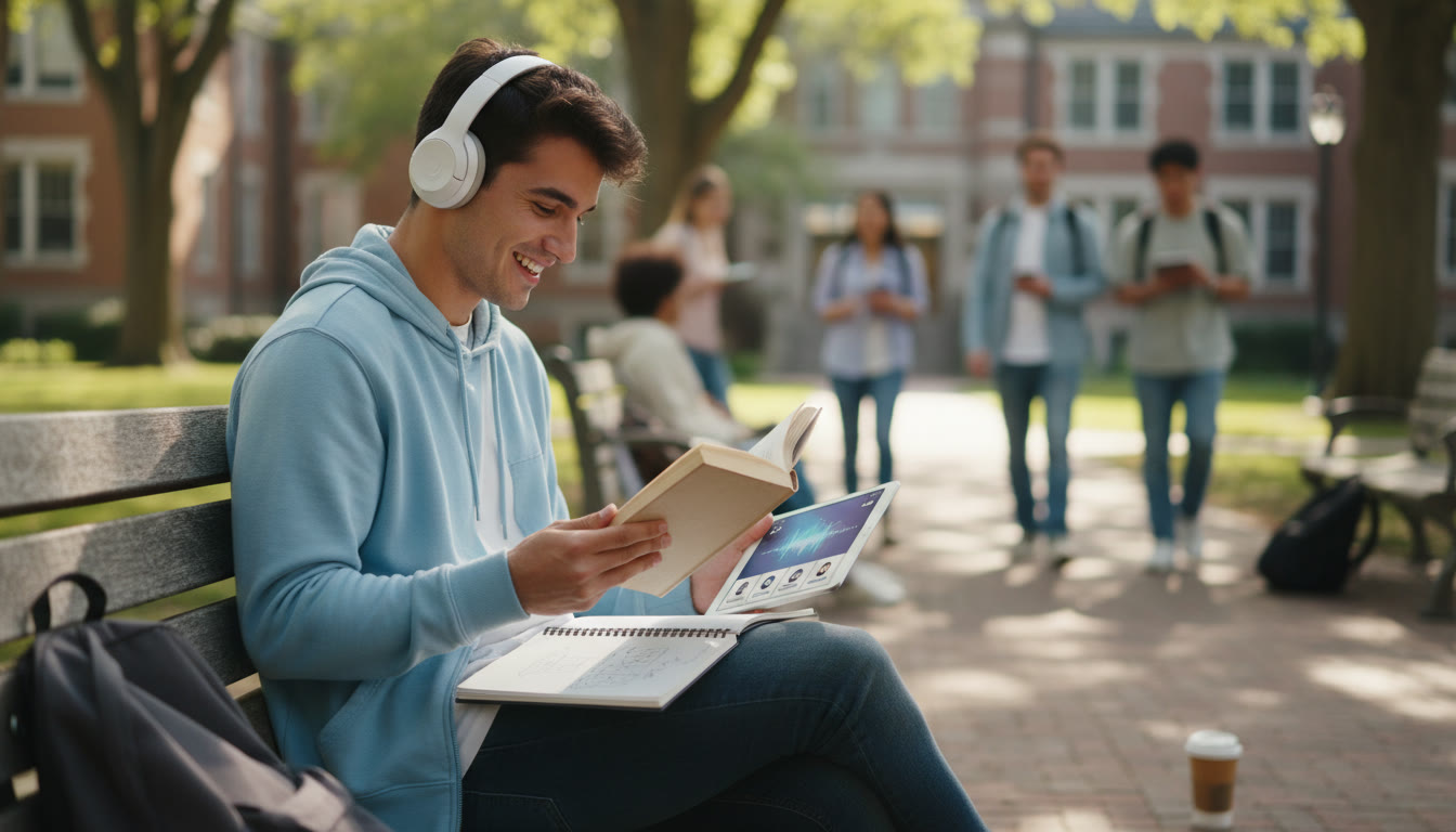 Photo Idea : Student with headphones and notebook, sitting on a campus bench, alternating between a paperback and a tablet showing a podcast app