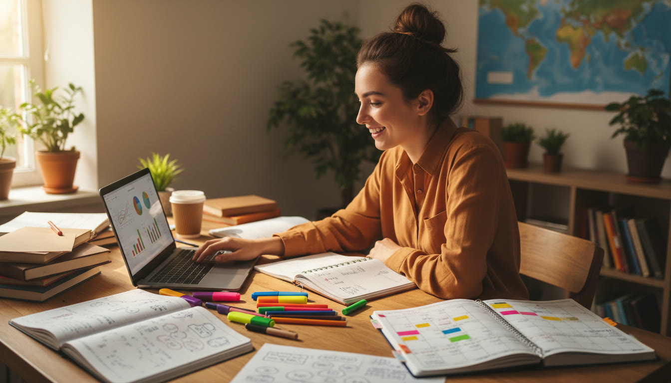 Photo Idea : A student at a desk surrounded by open notebooks and a laptop, highlighting thoughtful note-taking and planning