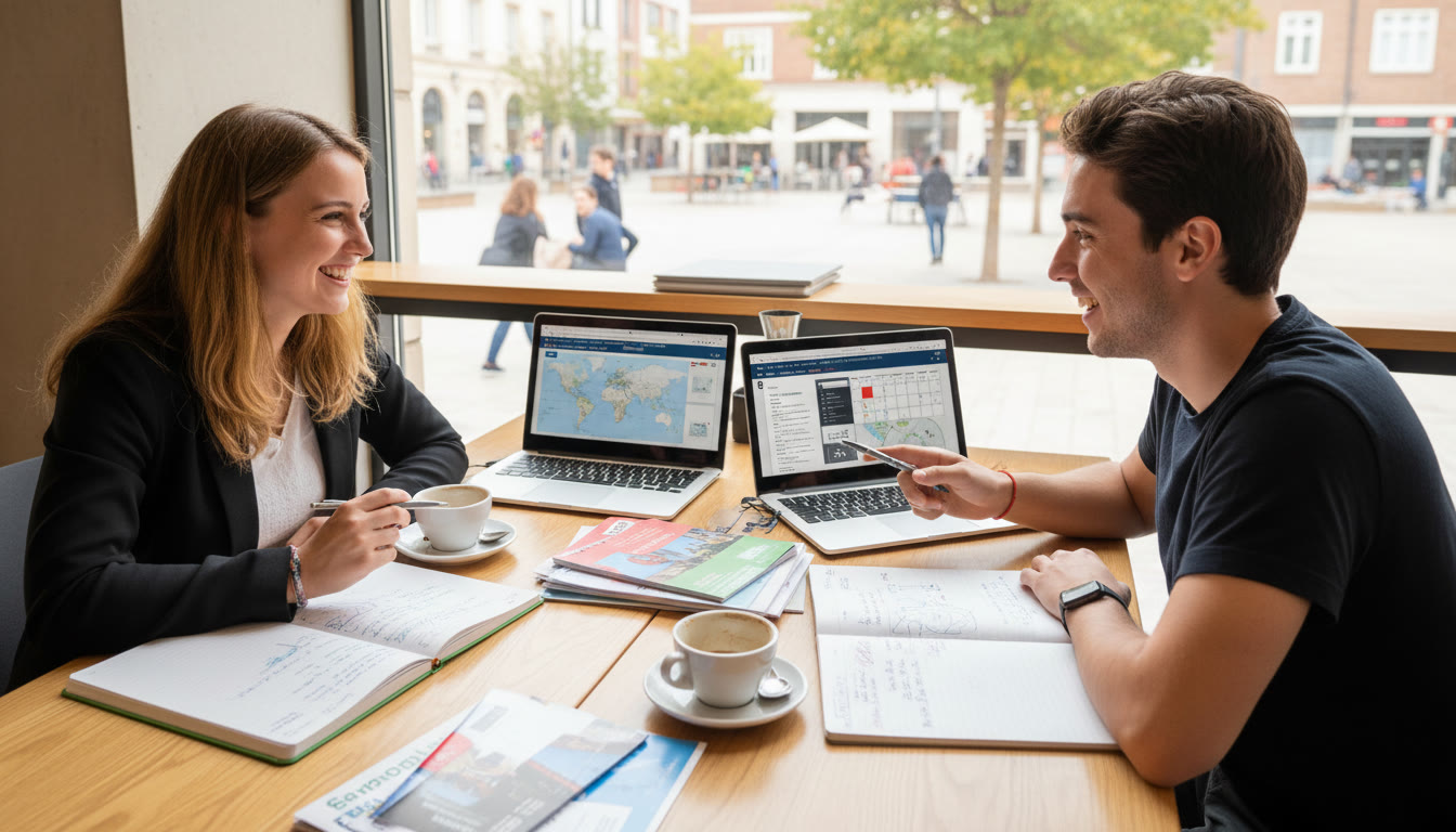 Photo Idea : Two IB students planning a community service event at a table with notebooks and laptops