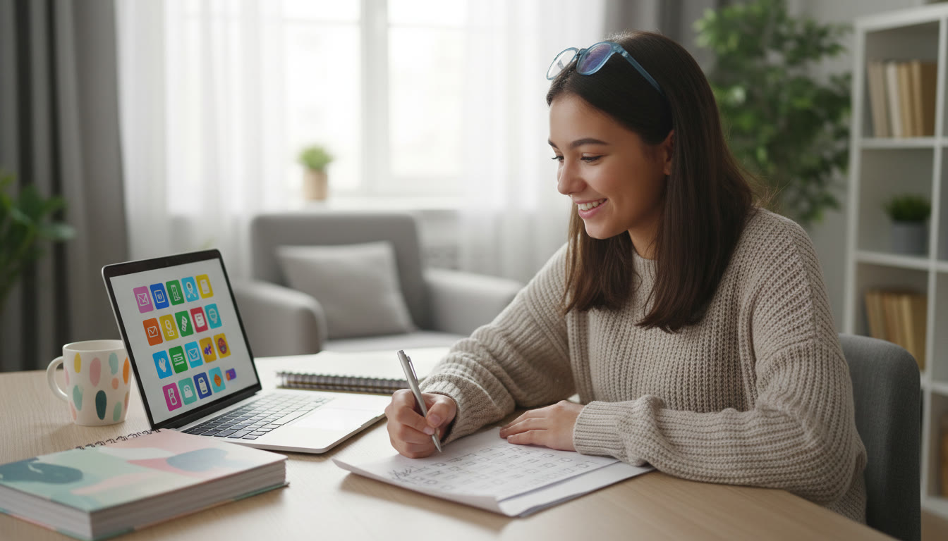 Photo Idea : Student at a desk reviewing scholarship emails with a planner, laptop, and printed checklist