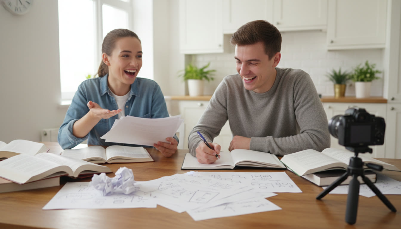 Photo Idea : Two students practicing a mock interview across a kitchen table with notes and a camera