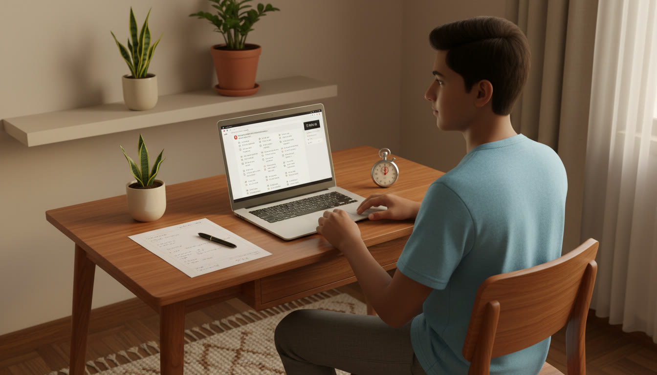 Photo Idea : student at a study desk taking a timed mock test on a laptop with a stopwatch and a printed sheet for notes nearby