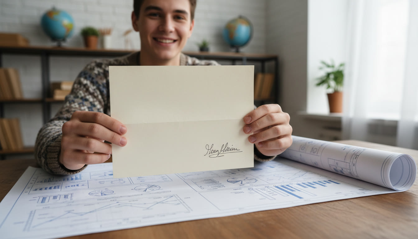 Photo Idea : Close-up of a student holding a signed letter of support beside a printed project plan