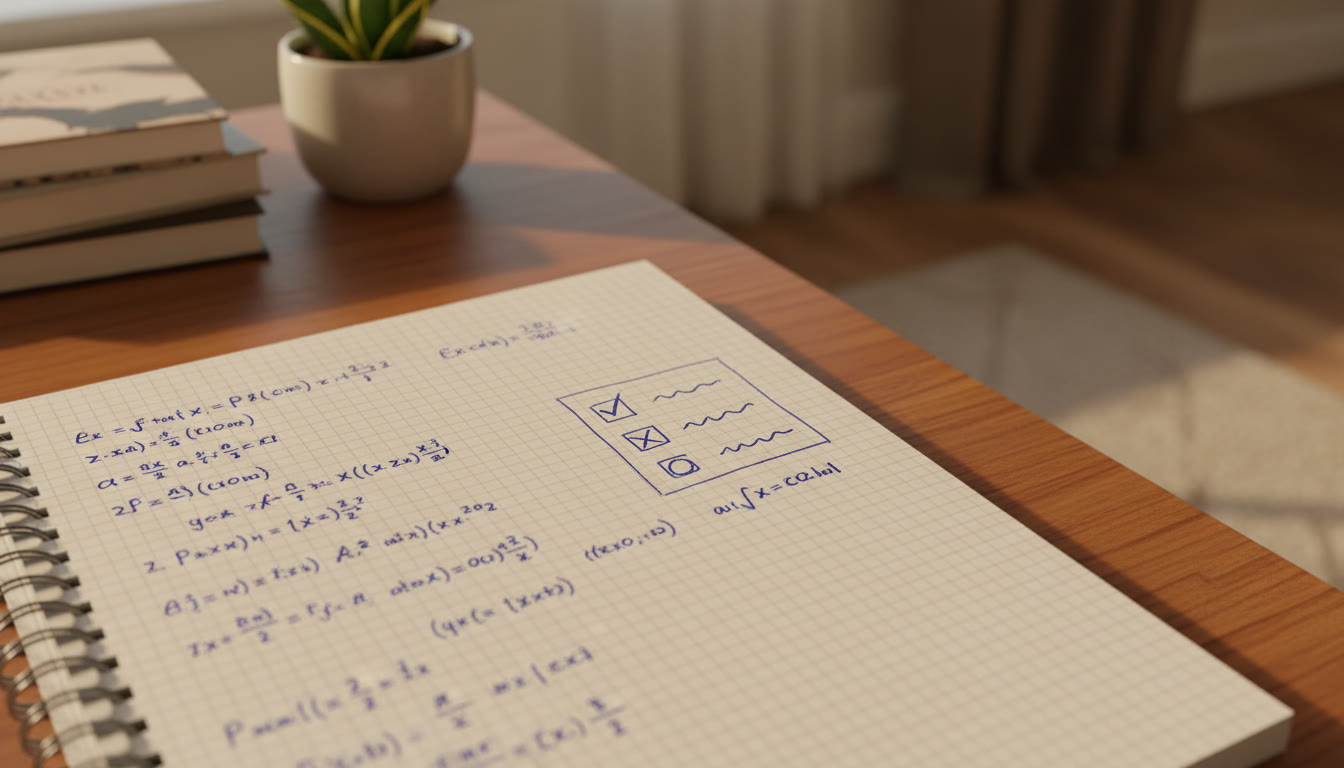 Photo Idea : A close‑up of a notebook page with handwritten formulas and a small checklist labeled "Attempt / Skip / Mark"