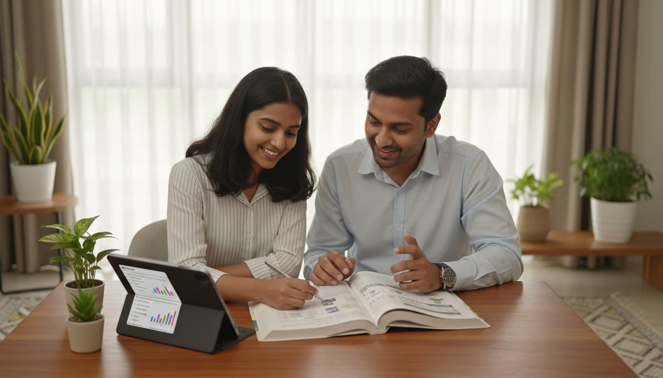 Photo Idea : [A student and a tutor working together over a textbook, with a tablet displaying practice questions nearby]