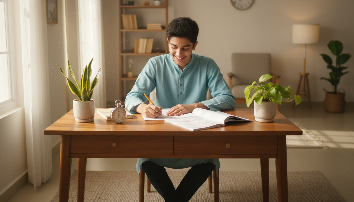 Photo Idea : Student taking a full-length timed mock test at a desk with a stopwatch and answer sheet