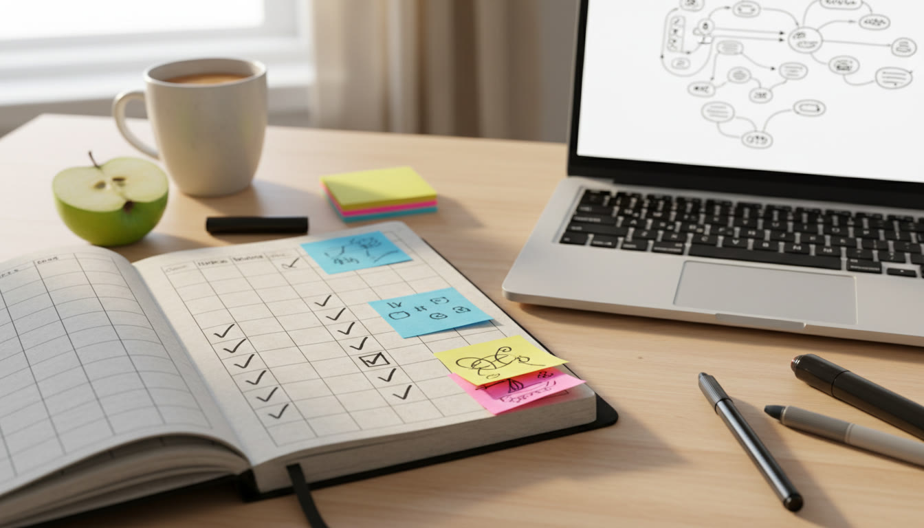 Photo Idea : Close-up of a planner page with checked boxes, sticky notes, and a laptop showing a notes app