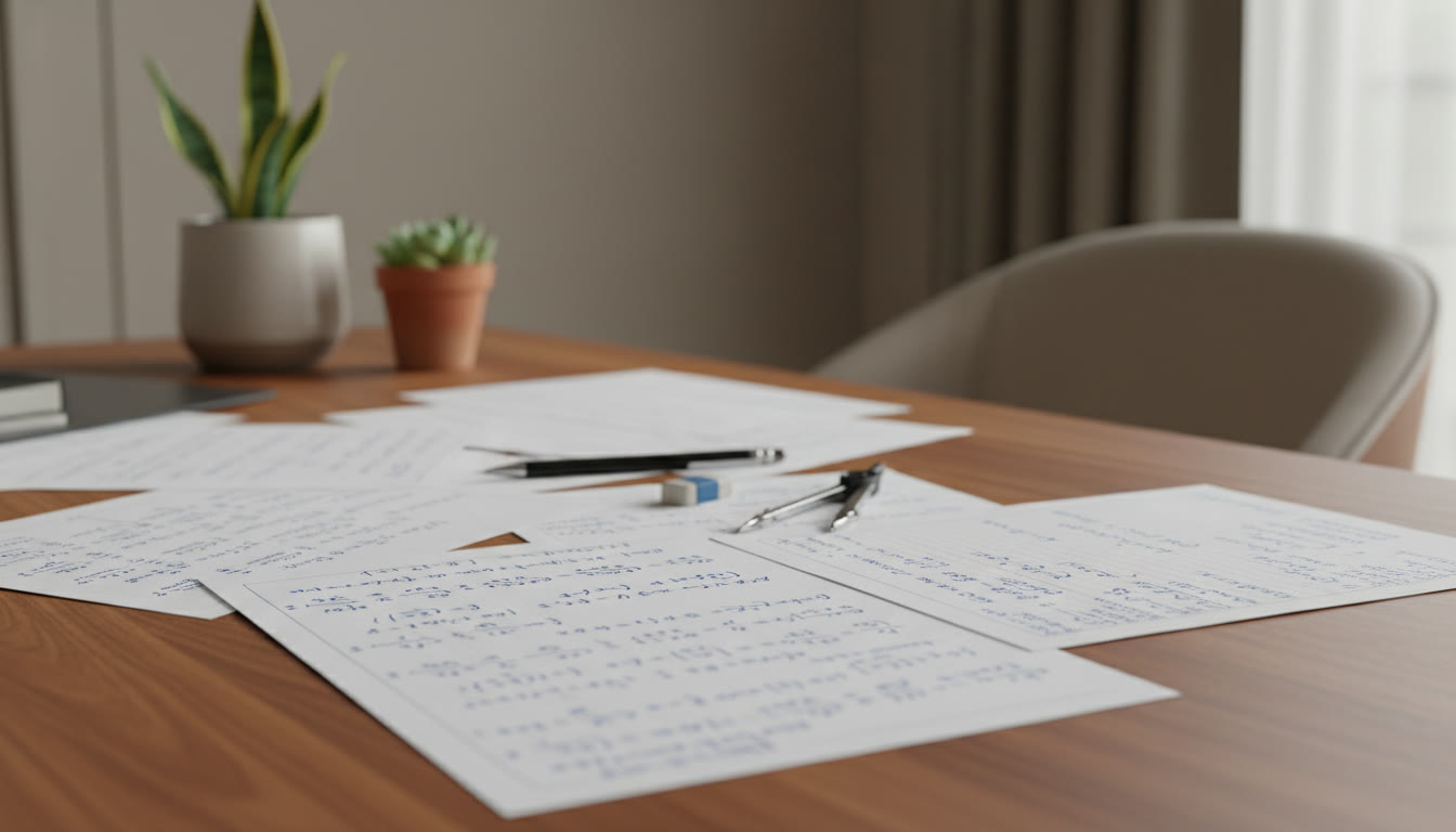 Photo Idea : Close-up of handwritten formula sheet and solved problem sheets spread across a desk
