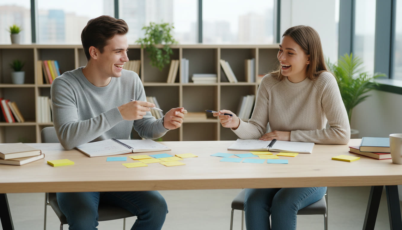 Photo Idea : Two IB students sitting at a table with notebooks and sticky notes labeled Career A and Career B
