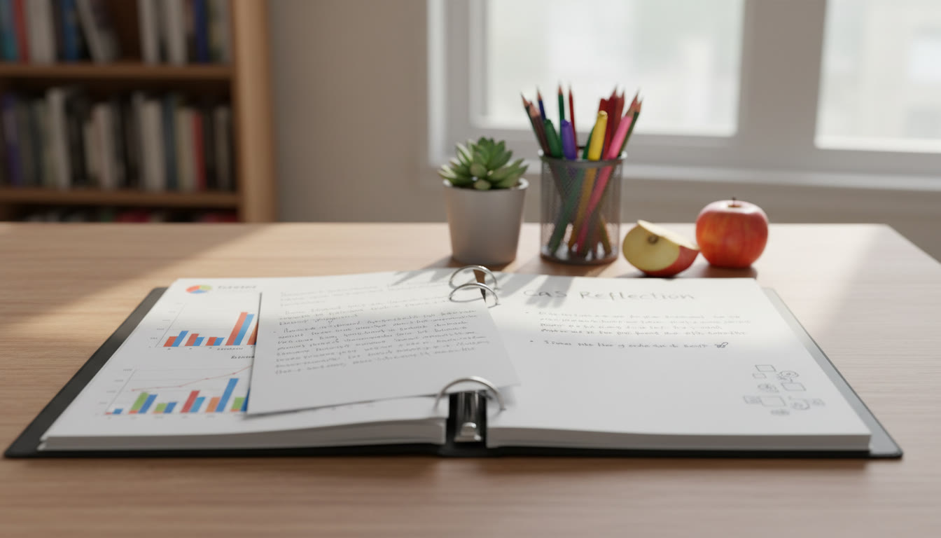 Photo Idea : A tidy project folder on a desk with printed charts, a one-page summary, and a CAS reflection sheet visible